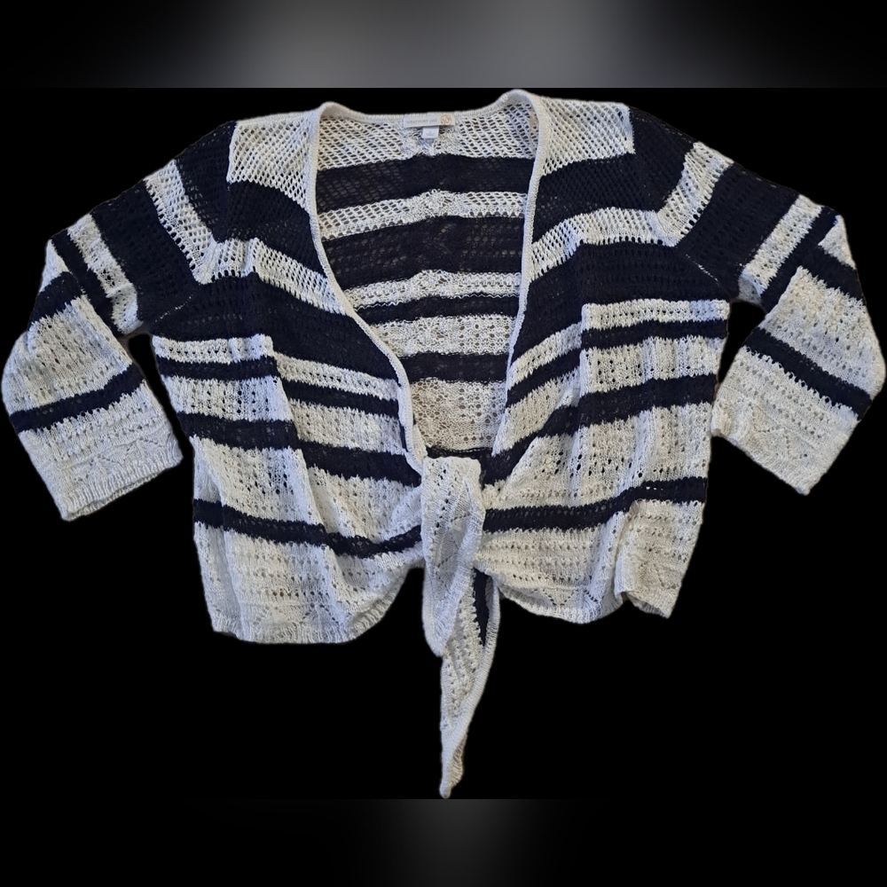 Westport 1962 Black White Knit Striped Front Tie Cardigan Sweater Women's Large